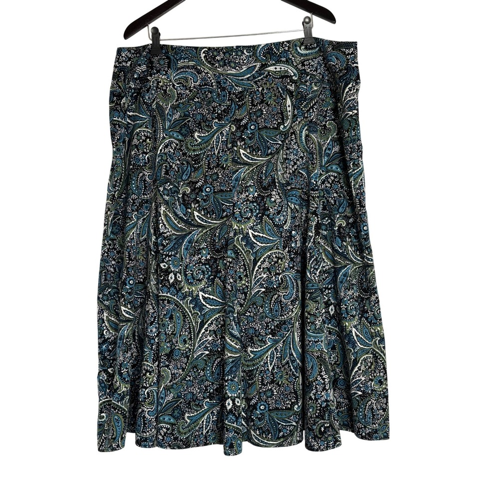Womens 22W Paisley Midi Skirt Blue Green Black A-Line Flare Bohemian Y2K